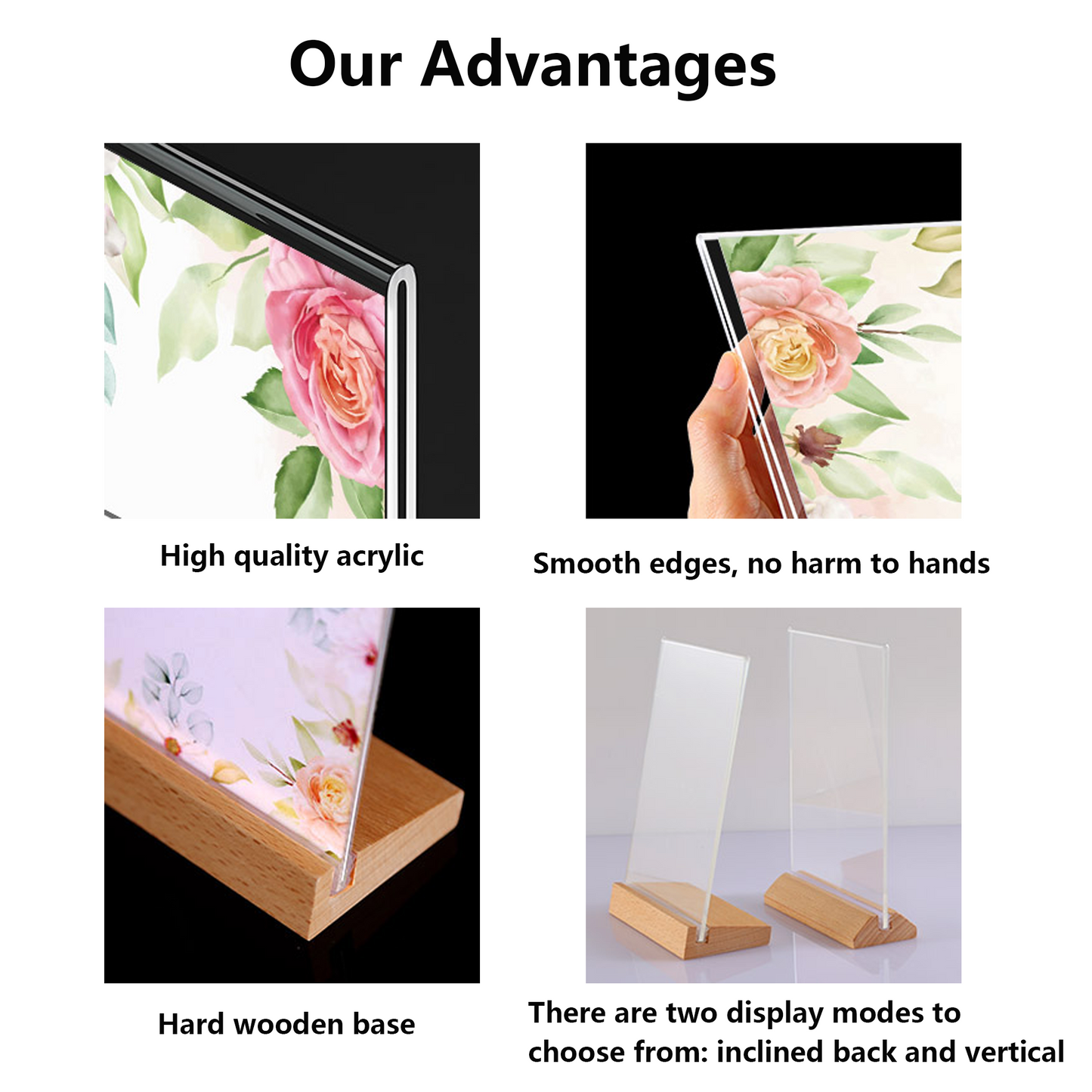 Acrylic Sign Holder 3 Pack 5”x7”，Slant Back Design L Shape/Vertical，Clear Acrylic Holder Wooden base, Slanted Back Menu Holder for Restaurant, Office, Wedding, or Retail Counter