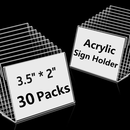 Small Acrylic Sign Holder 3.5" x 2", 30 PCS Mini Acrylic Food Sign Labels for Party Buffet, Retail Price Display Holder, Clear Table Counter Top Stand for Place Cards, Name Card, Wedding and Event Use Sign