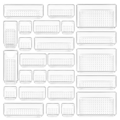 Acrylic Clear Versatile Drawer Organizer Set 25-Piece, 4-Size Transparent Trays for Makeup, Jewelry, Kitchen & Office Drawers Organizer Box，Non-Slip Silicone Pads Included