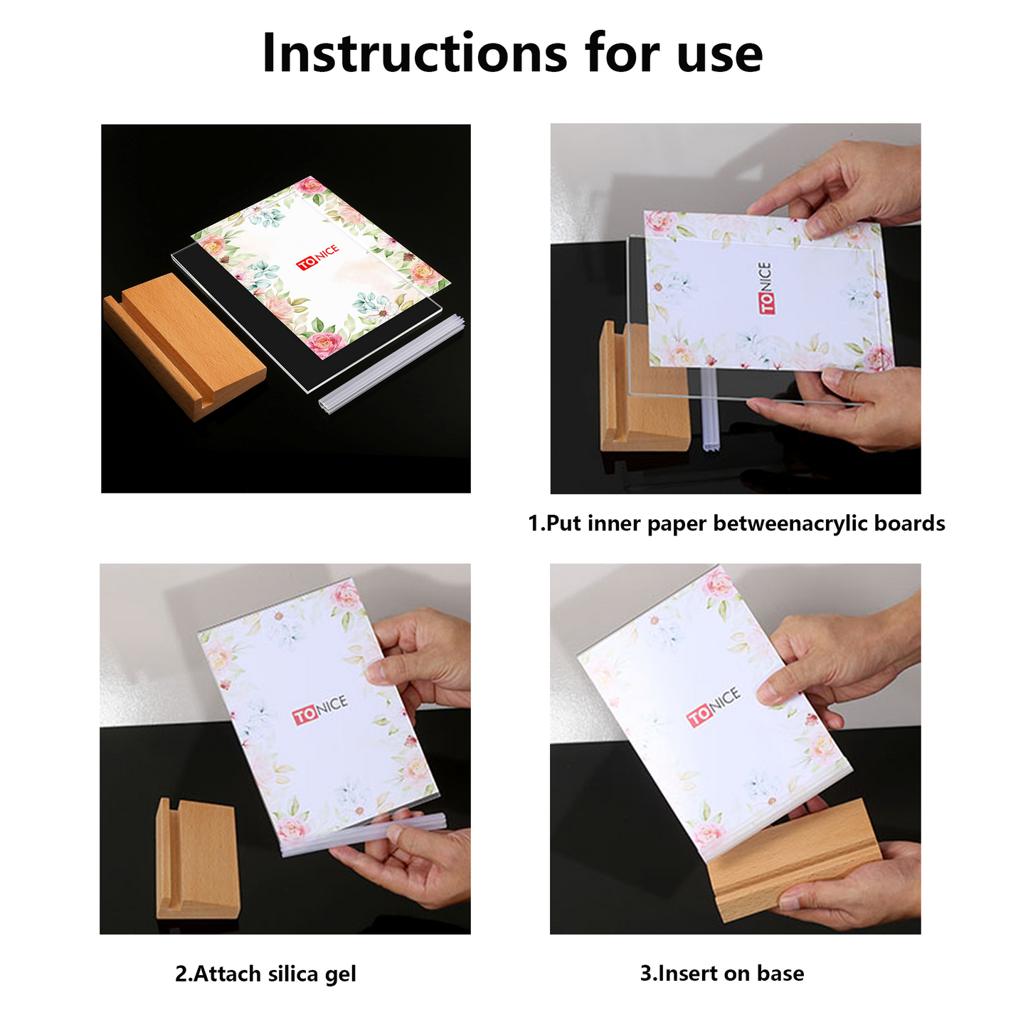 Acrylic Sign Holder 3 Pack 5”x7”，Slant Back Design L Shape/Vertical，Clear Acrylic Holder Wooden base, Slanted Back Menu Holder for Restaurant, Office, Wedding, or Retail Counter