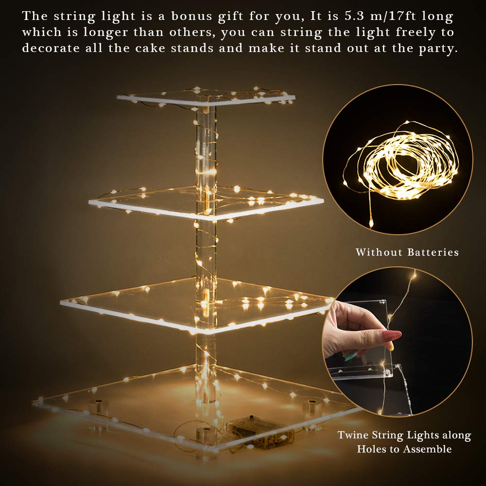 4 Tier Cupcake Acrylic Display Clear Stand Clearwith LED Light Premium Holder Dessert Tree Tower for Birthday ，Weddings, Parties Events，Afternoon Tea Gatherings ，Holiday Dessert Exhibition(Yellow Light)