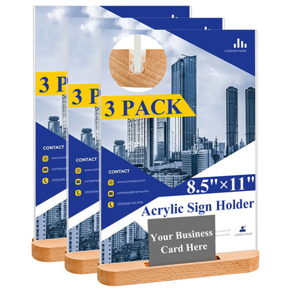 Acrylic Sign Holder 8.5 x 11 3 Pack Wooden Sign Holder Plastic Display Stand Paper Holder Picture Photo Frames for Office Store