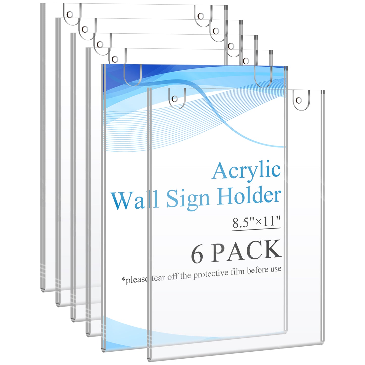 Acrylic Wall Sign Holder 8.5x11 6 Pack, Clear Plastic Picture Frame, Wall Mounted Design, Support No Drilling(Provide 3M Tape and Screws)