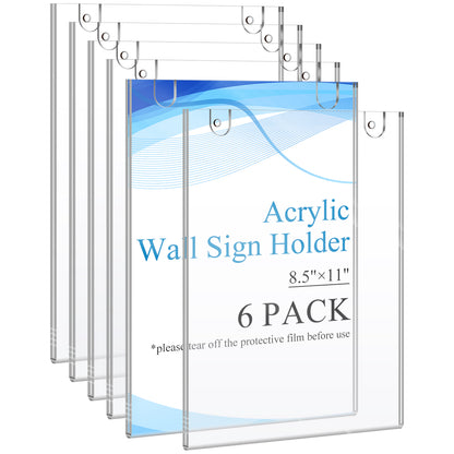 Acrylic Wall Sign Holder 8.5x11 6 Pack, Clear Plastic Picture Frame, Wall Mounted Design, Support No Drilling(Provide 3M Tape and Screws)