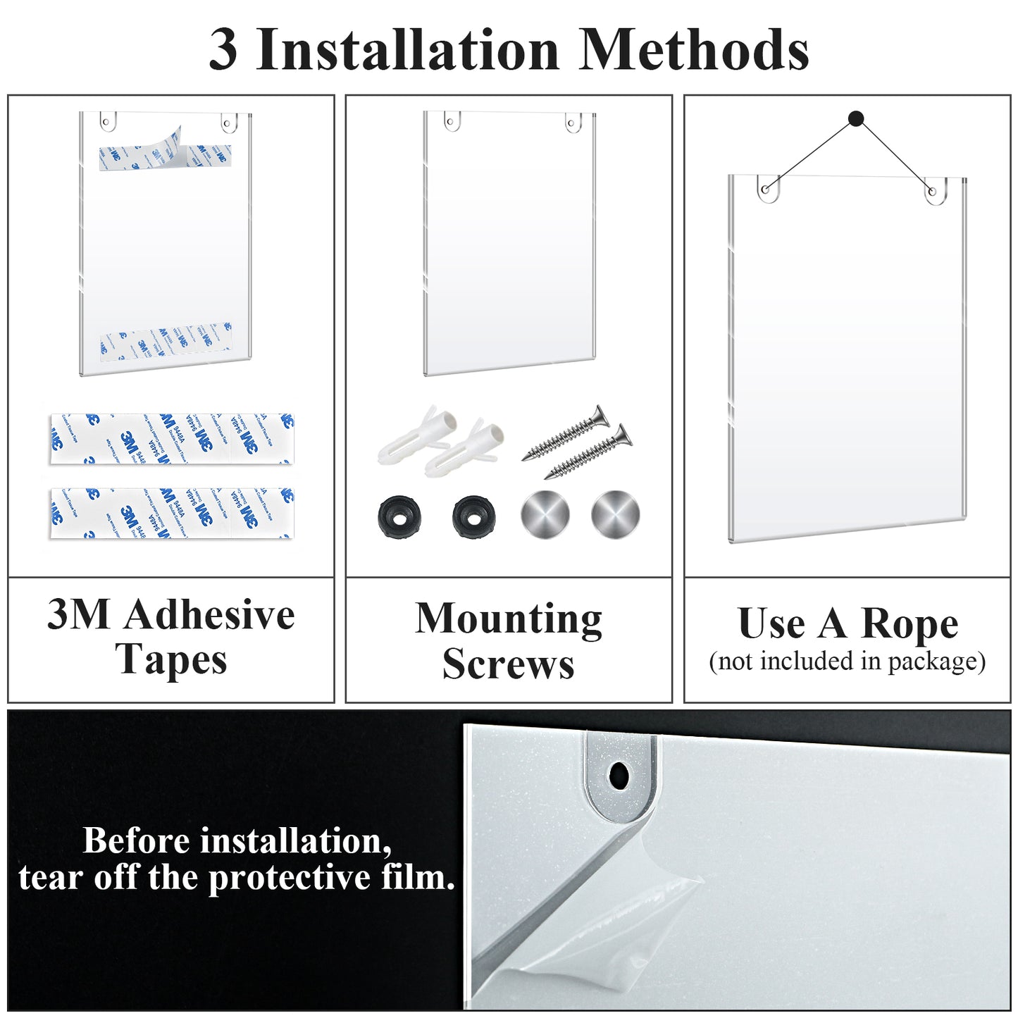 Acrylic Wall Sign Holder 8.5x11 6 Pack, Clear Plastic Picture Frame, Wall Mounted Design, Support No Drilling(Provide 3M Tape and Screws)