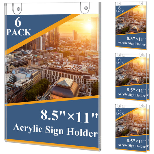 Acrylic Wall Sign Holder 8.5x11 6 Pack, Clear Plastic Picture Frame, Wall Mounted Design, Support No Drilling(Provide 3M Tape and Screws)
